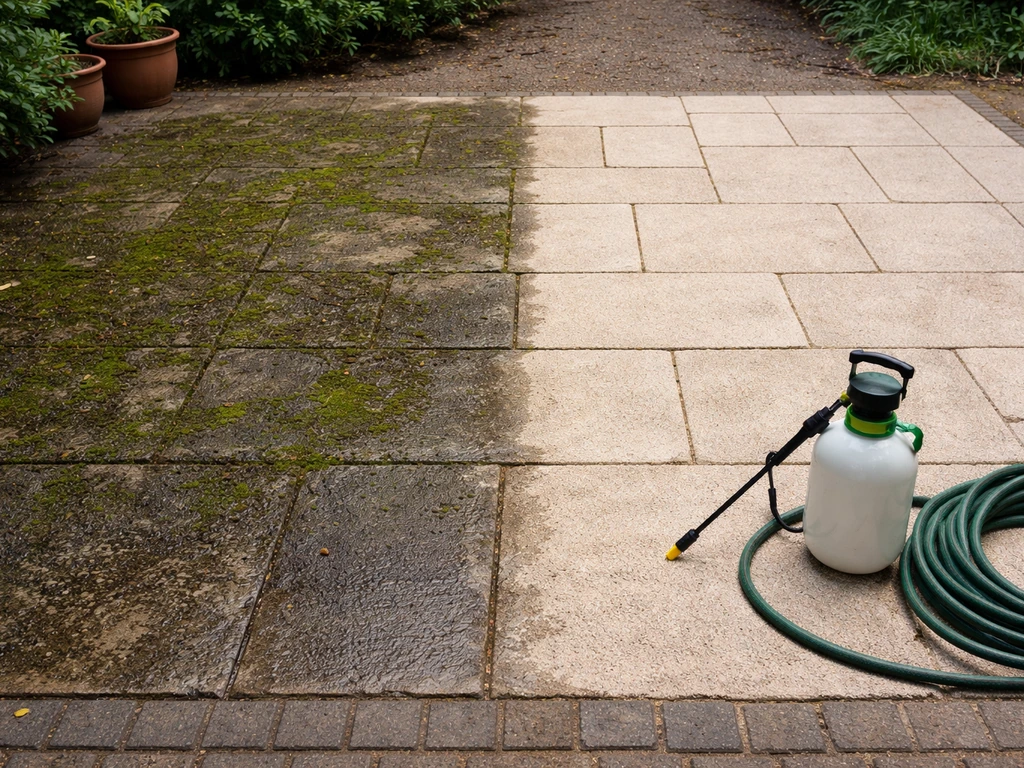 Patio stones split between cleaned surface and moss-and-algae-covered section beside a sprayer and hose.