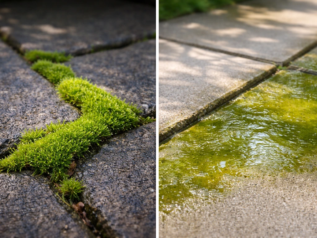 Closeups of moss-packed joints versus a thin slimy algae layer on a patio surface.