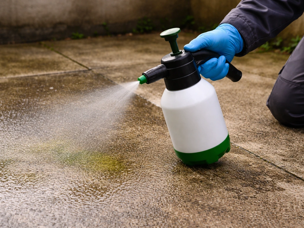 Close-up of a gloved hand sprayer misting quat cleaner on a patio surface with protective gear visible