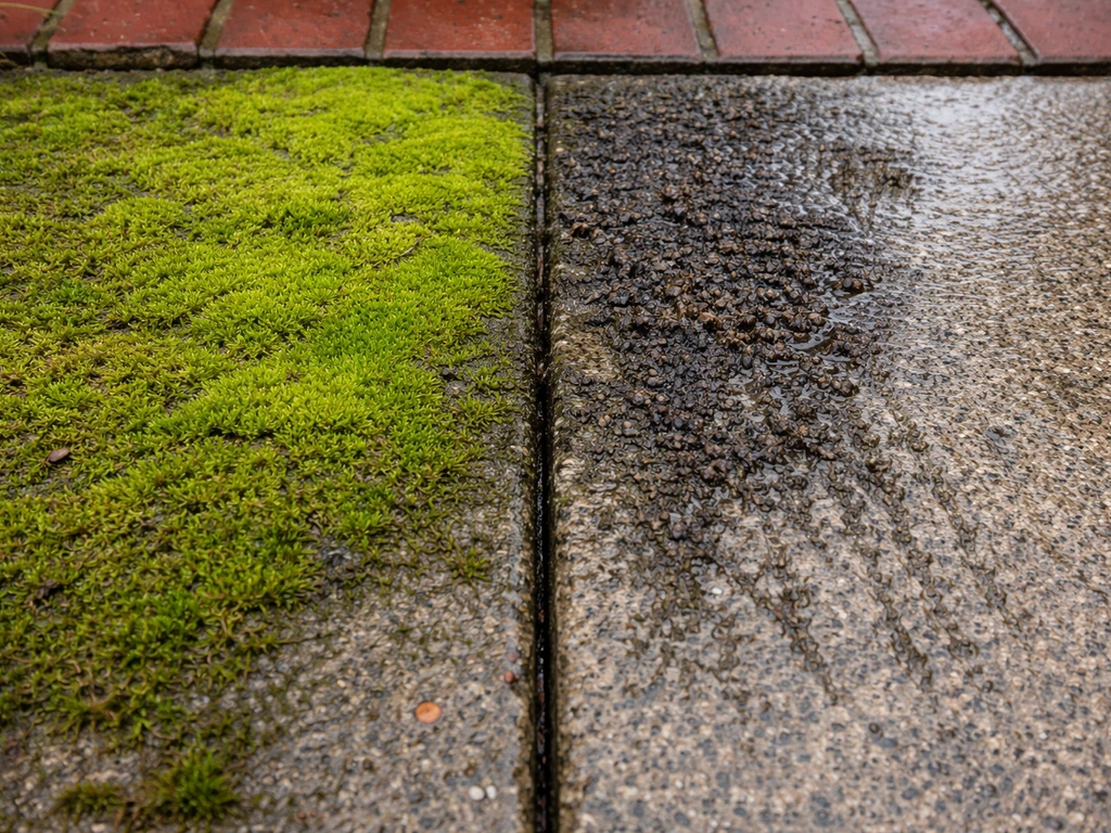 Outdoor concrete walkway showing living green algae on one side and dead dark moss on the other after bleach treatment.