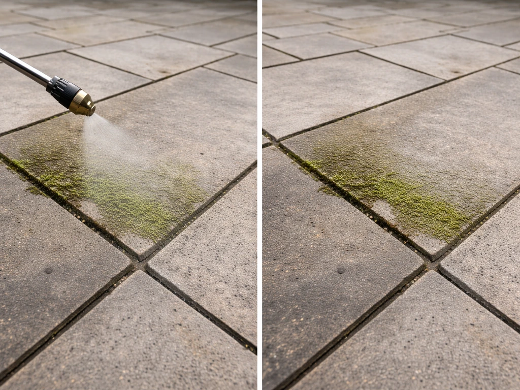 Sprayer misting dry patio pavers, with a subtle before/after wait concept split frame.
