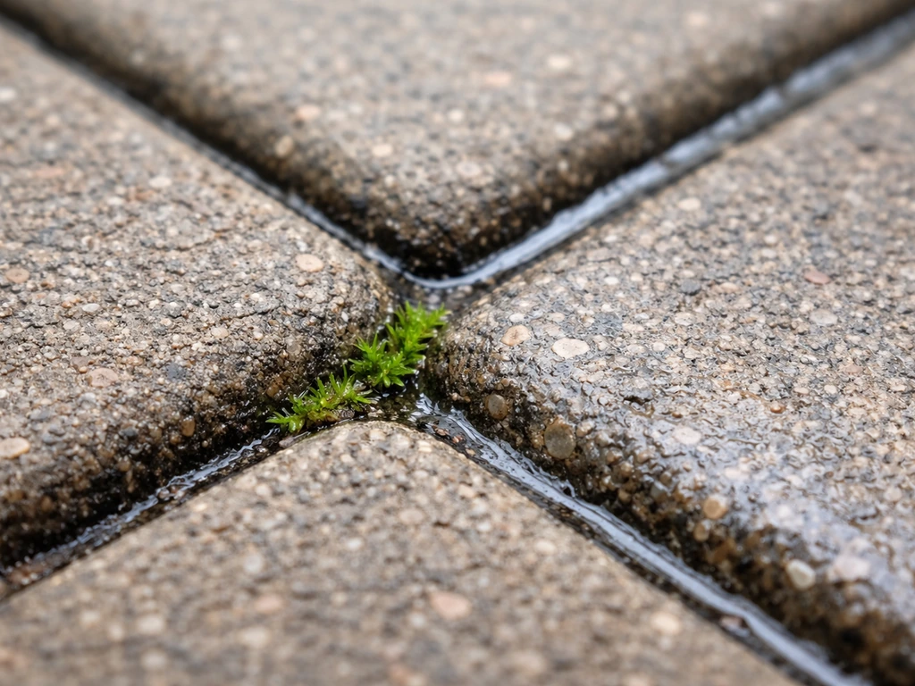 Porous paving joints with early moss regrowth and a freshly sealed joint line to prevent reattachment.
