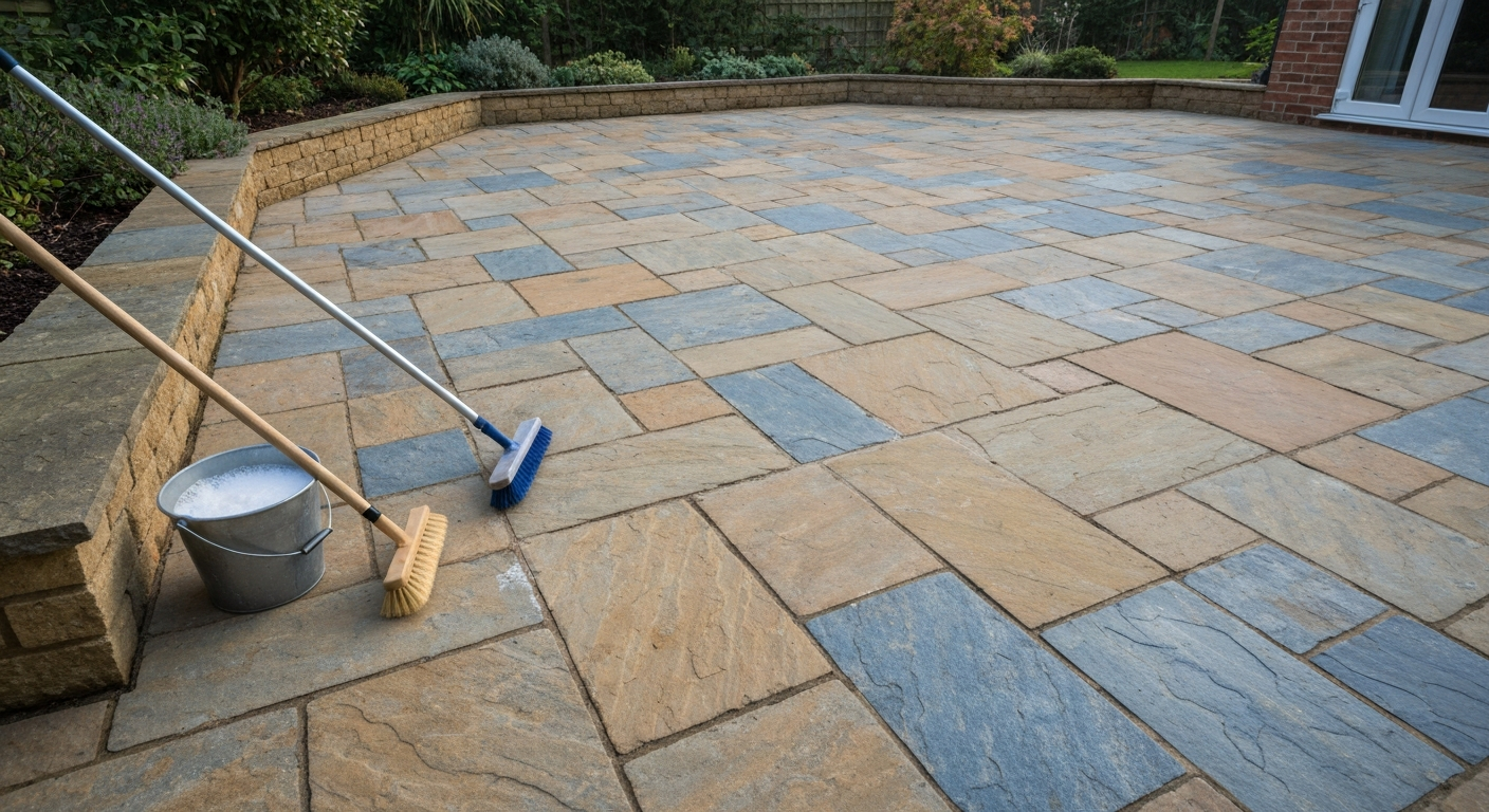 Clean Indian sandstone patio in a garden with a long-handled nylon brush and bucket nearby.