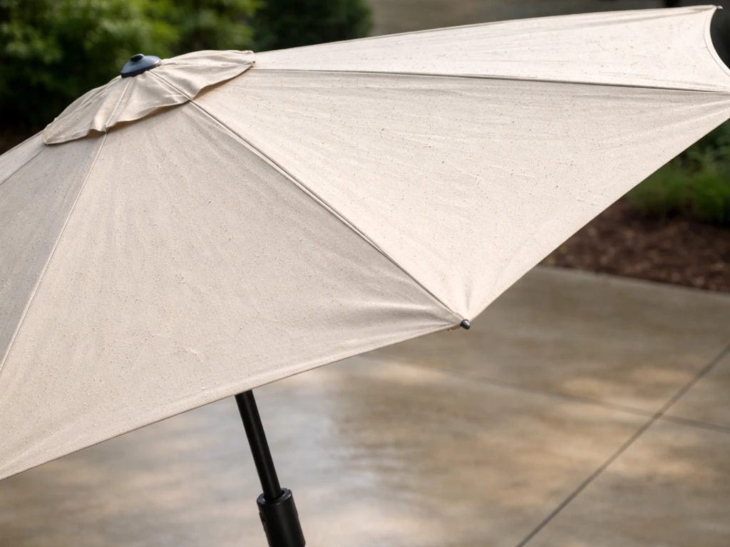 Close-up of an open umbrella canopy tilted for pre-rinse before pressure washing.
