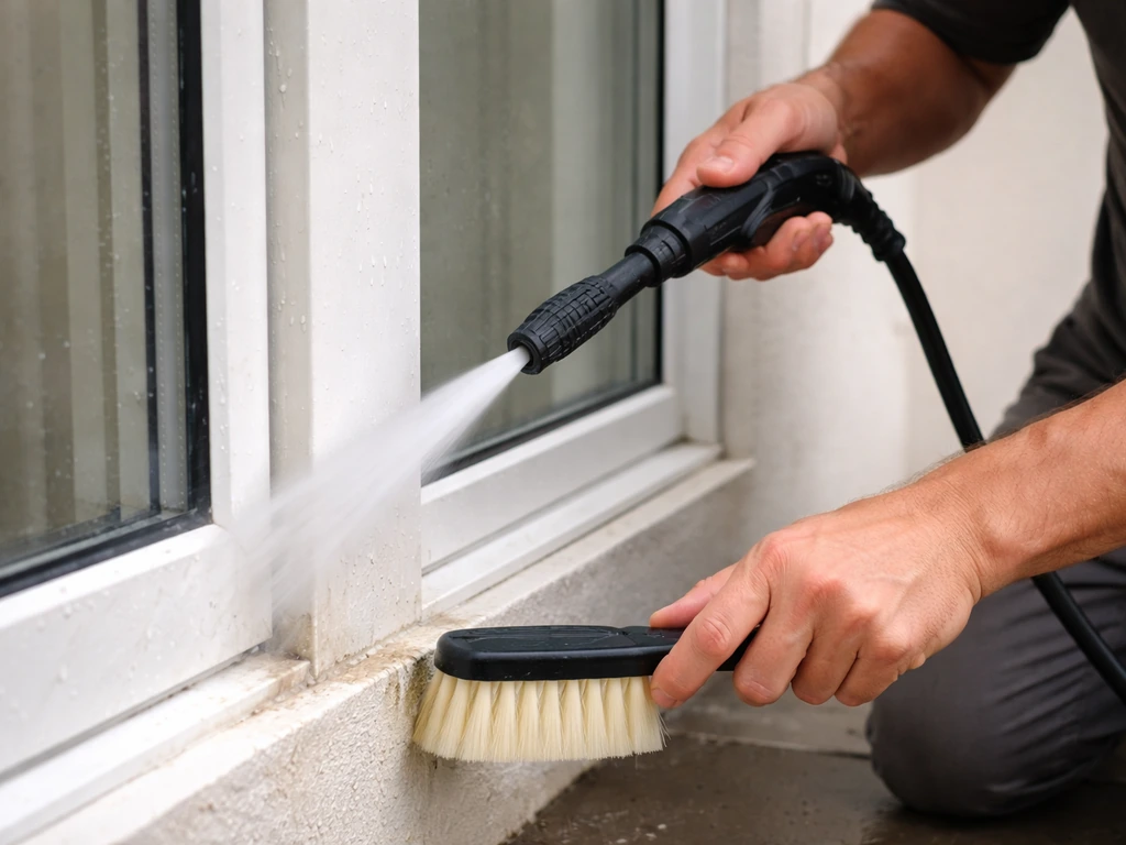 Moderate-pressure water rinse cleaning a powder-coated aluminum window frame with a soft brush