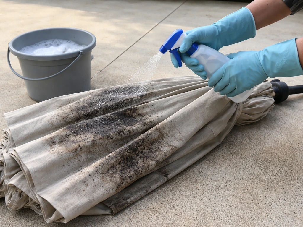 Gloved hands spraying mild cleaner onto mildew-stained patio umbrella fabric with visible damp patches.