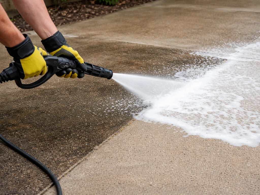 Pressure washer wand sprays foamy cleaner onto a patio, showing dirty-to-clean concrete boundary.