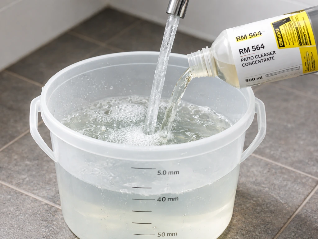 5L bucket with measurement markings as RM 564 concentrate and cold tap water are poured for dilution.