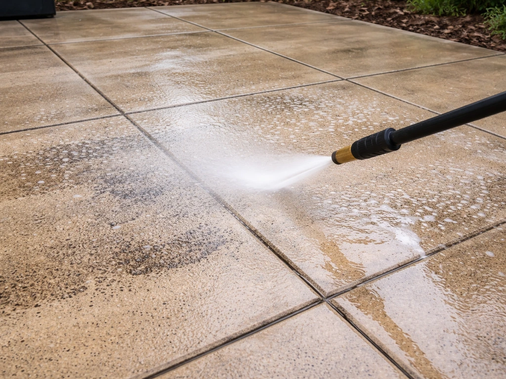 Pressure washer spraying diluted patio cleaner onto a concrete patio surface, solution layer visible