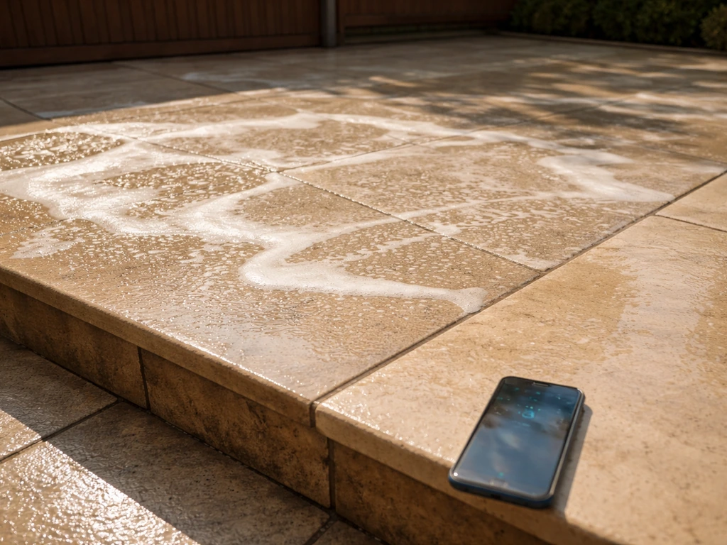 Patio cleaner foaming on a small section as a phone timer sits nearby on a warm sunny day.