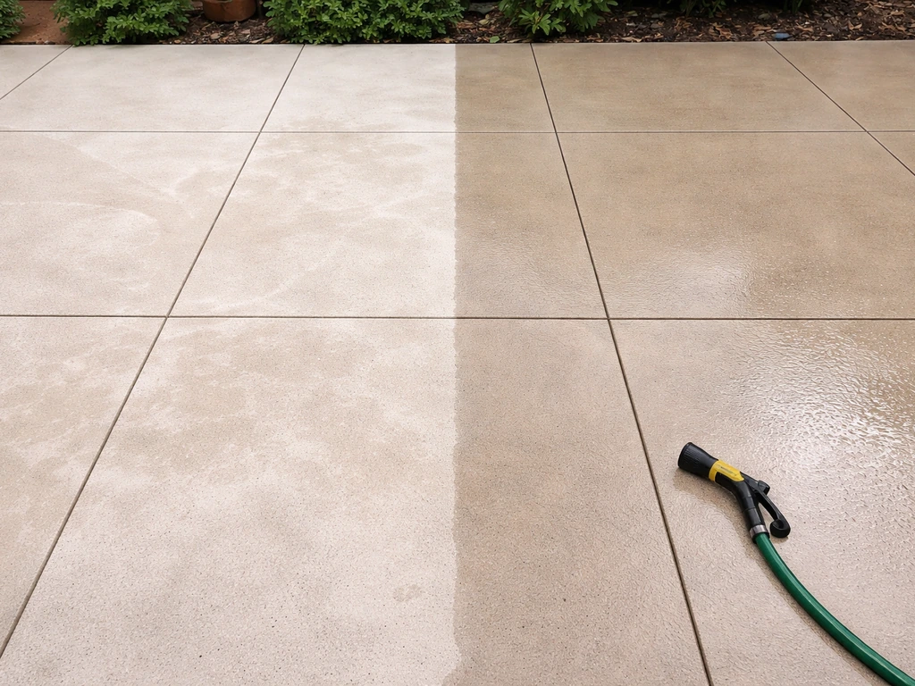 Outdoor patio showing white streaks where cleaner dried, contrasted with a freshly rinsed clean section.