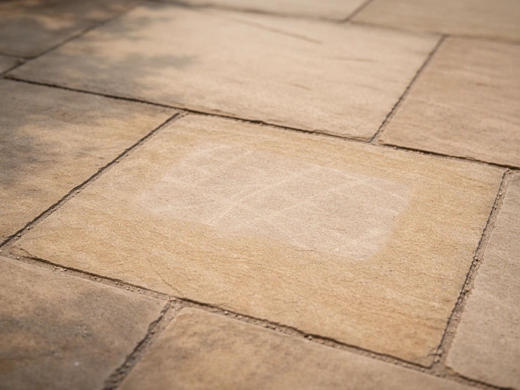 Natural-stone patio showing mild lightening and slight etching where cleaning fluid reacted