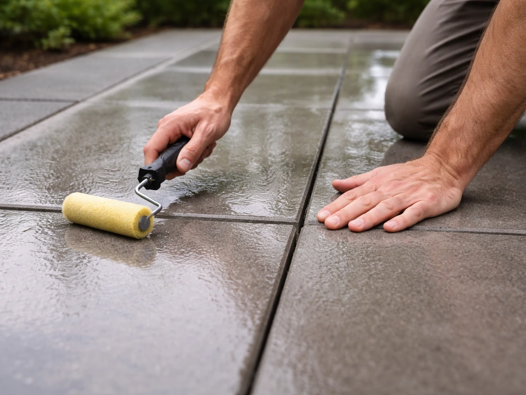 Person slow-walks a freshly rinsed wet patio and prepares to apply patio sealer with a hand roller