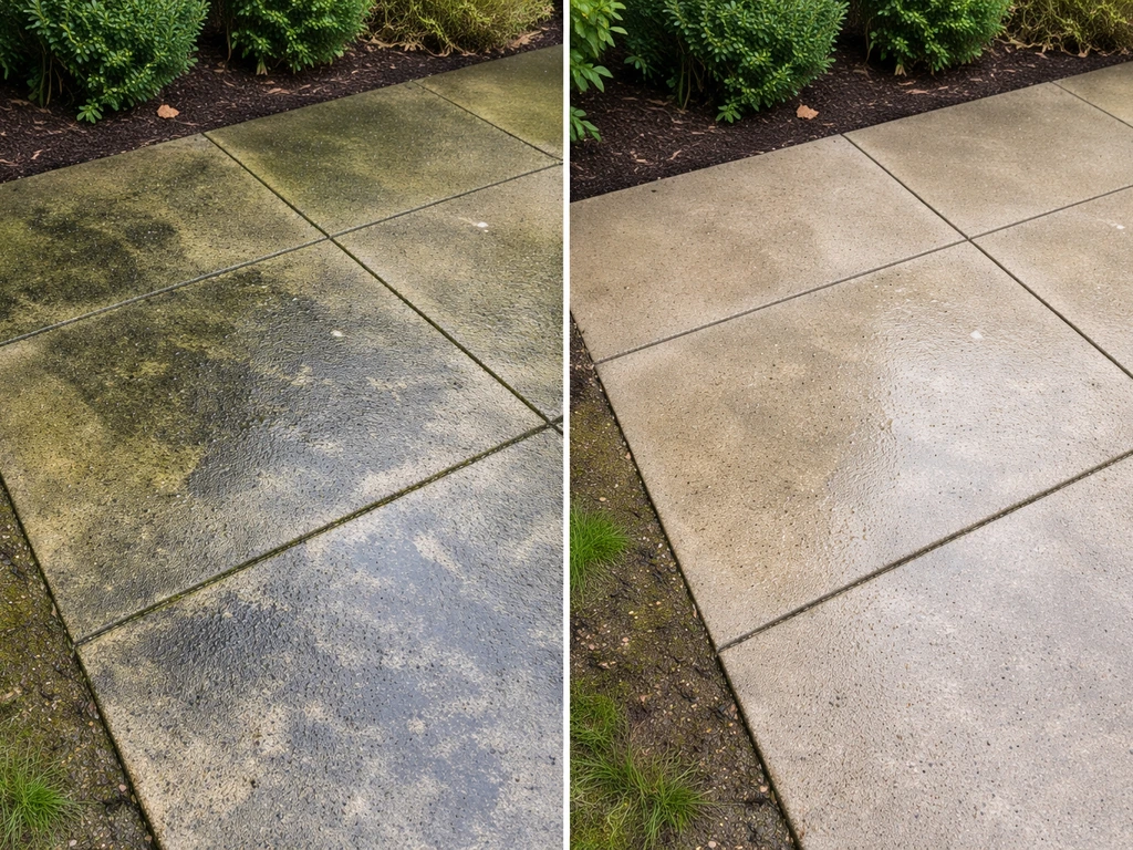 Split before-and-after view of an algae-covered patio becoming clean with Patio Magic-style biocidal action