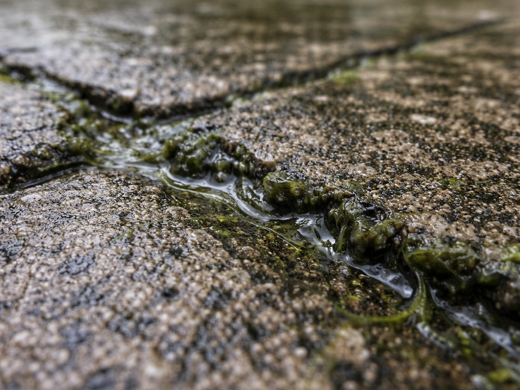 Macro close-up of black-green algal film and green slime on rough patio concrete texture