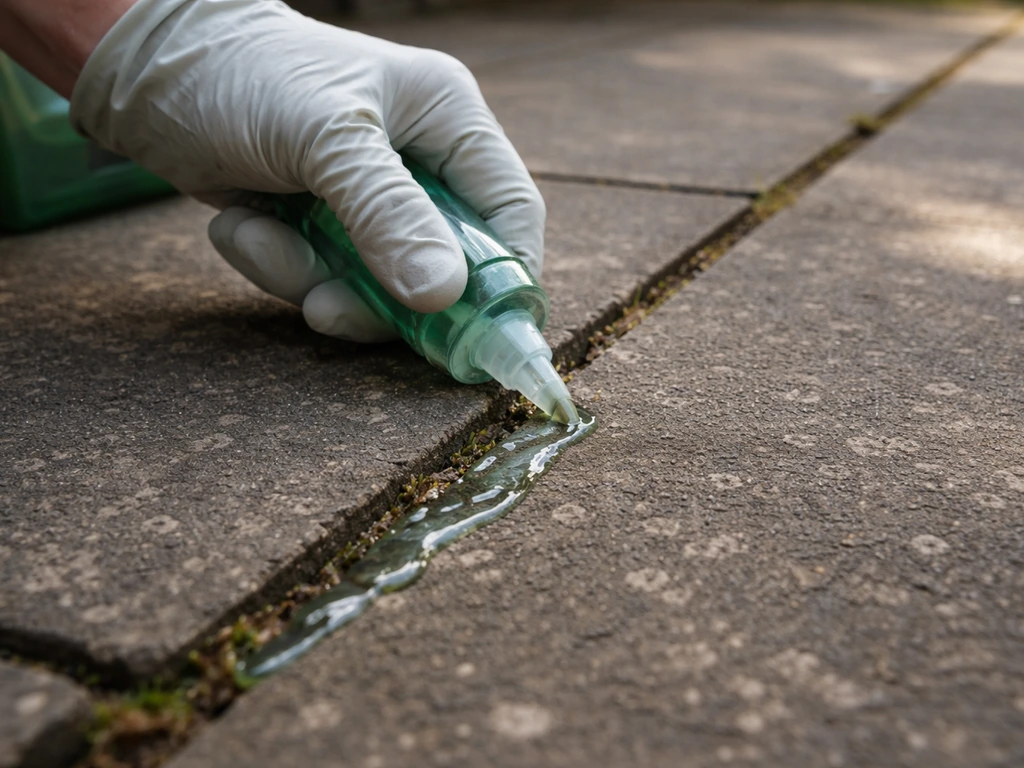 Close-up of Patio Magic being applied into joints between patio slabs, organic growth in the cracks