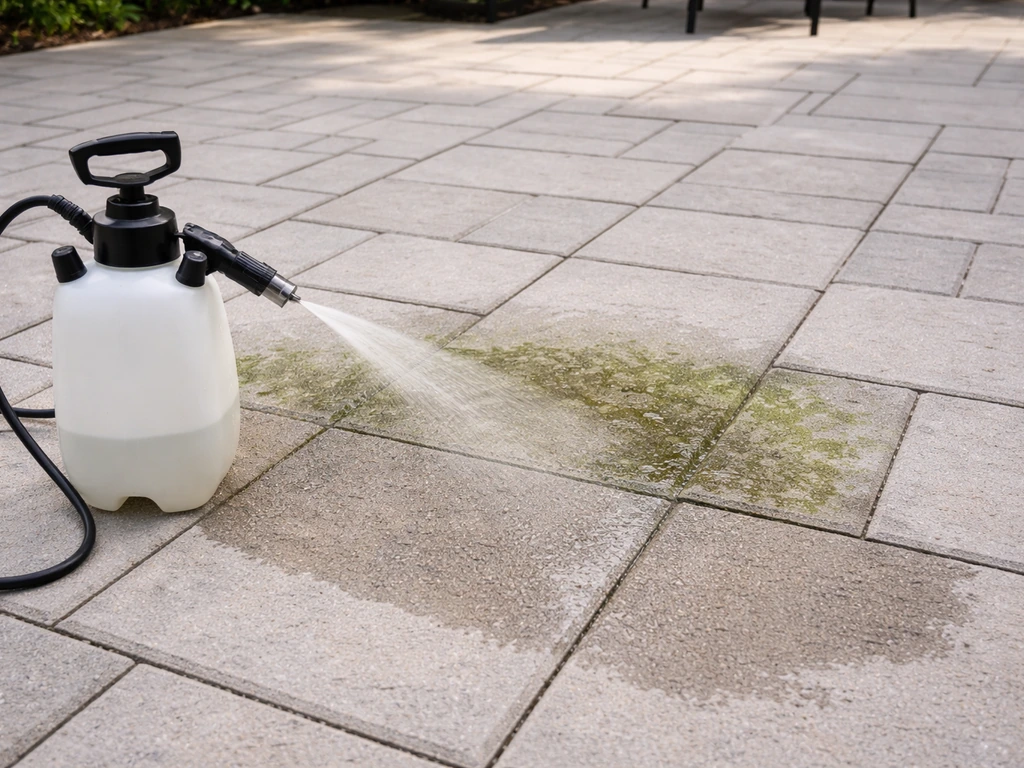Clean patio tiles with light green mouldy spots being freshly treated, showing clear contrast.