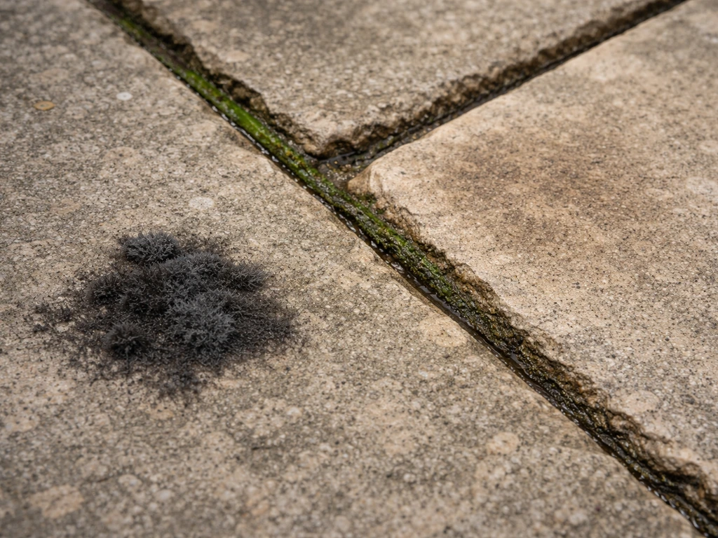 Close-up patio surface showing distinct dark fuzzy mould patches, green algae streaks, and mildew discoloration.