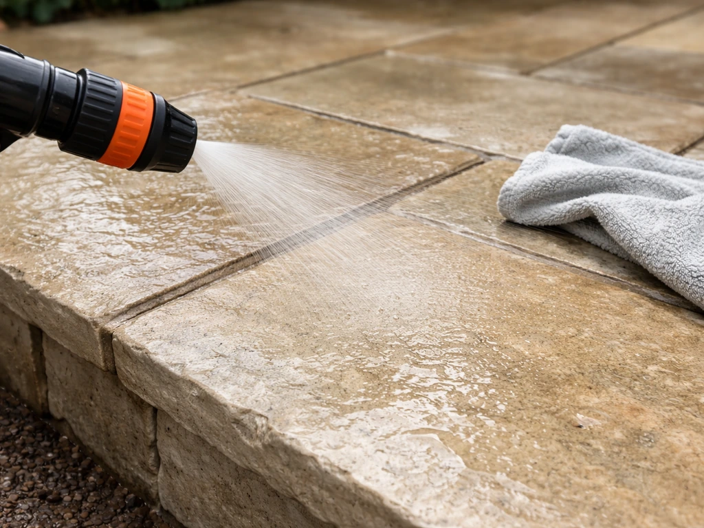 Handheld sprayer gently misting damp limestone patio stones, with a cloth nearby, showing clean undamaged texture.