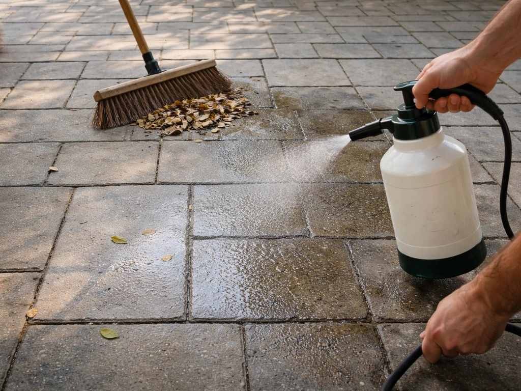 Hands sweeping debris while spraying cleaner mist onto pre-wetted patio pavers