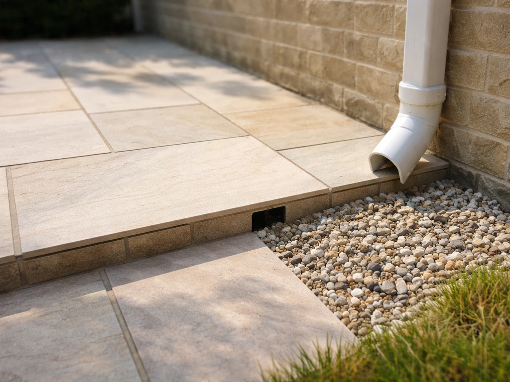 Dry stone patio with a visible drainage outlet directing runoff away into gravel, preventing mould return.