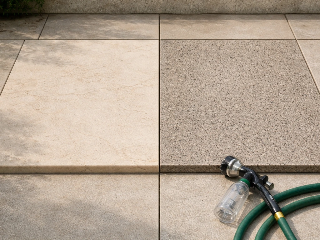 Two outdoor patio stone samples side by side: calcareous limestone vs darker siliceous stone, with a hose nearby