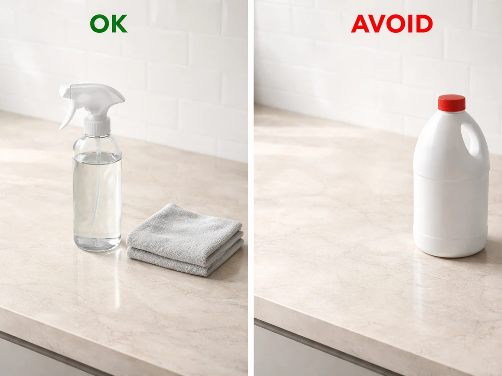 Split view: pH-neutral cleaner spray and cloth near natural stone, with bleach bottle kept far away.