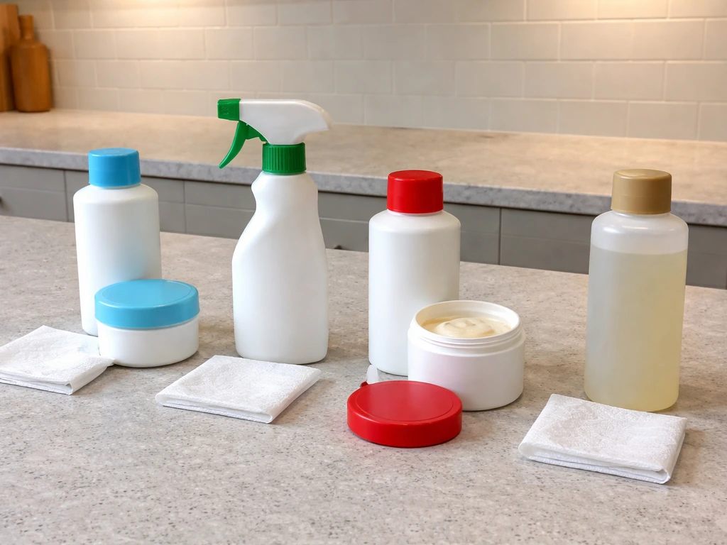 Minimal countertop scene with four unbranded stone-care cleaners in separate groups, color-coded by scenario.