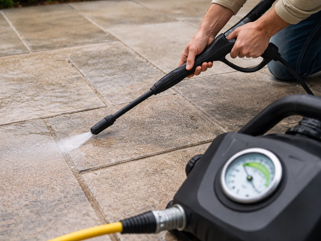 Close-up of a pressure washer rinsing natural stone joints on a patio, with the gauge visible on low pressure.