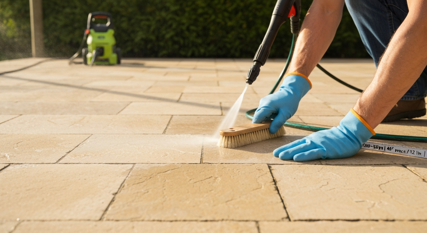 Soft-bristled brushing and low-pressure rinsing of a sandstone patio with pressure washer on standby; labels show 1200–1500 psi, 40° nozzle, 30 cm (12 in).