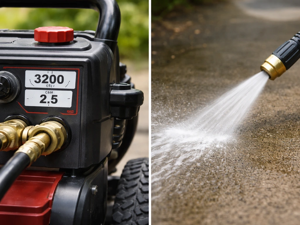 Close-up of a pressure washer label showing PSI and GPM, with a hose spraying water for flow/pressure context.