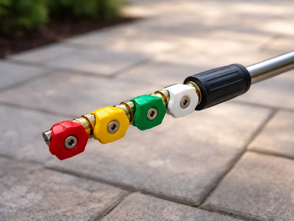Colour-coded nozzle tips on a pressure-washer lance in front of a quiet patio background.