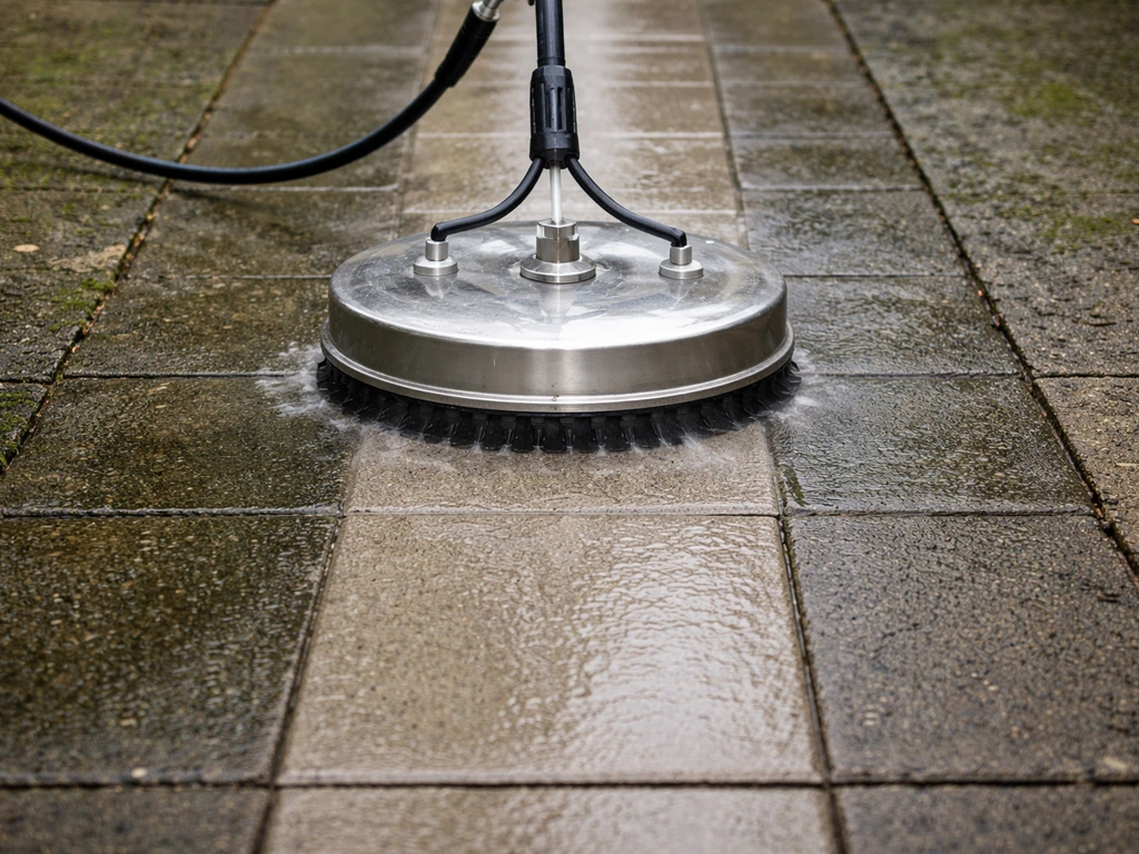 Surface cleaner pressure washing algae-stained concrete, with a clean wet path in the center.