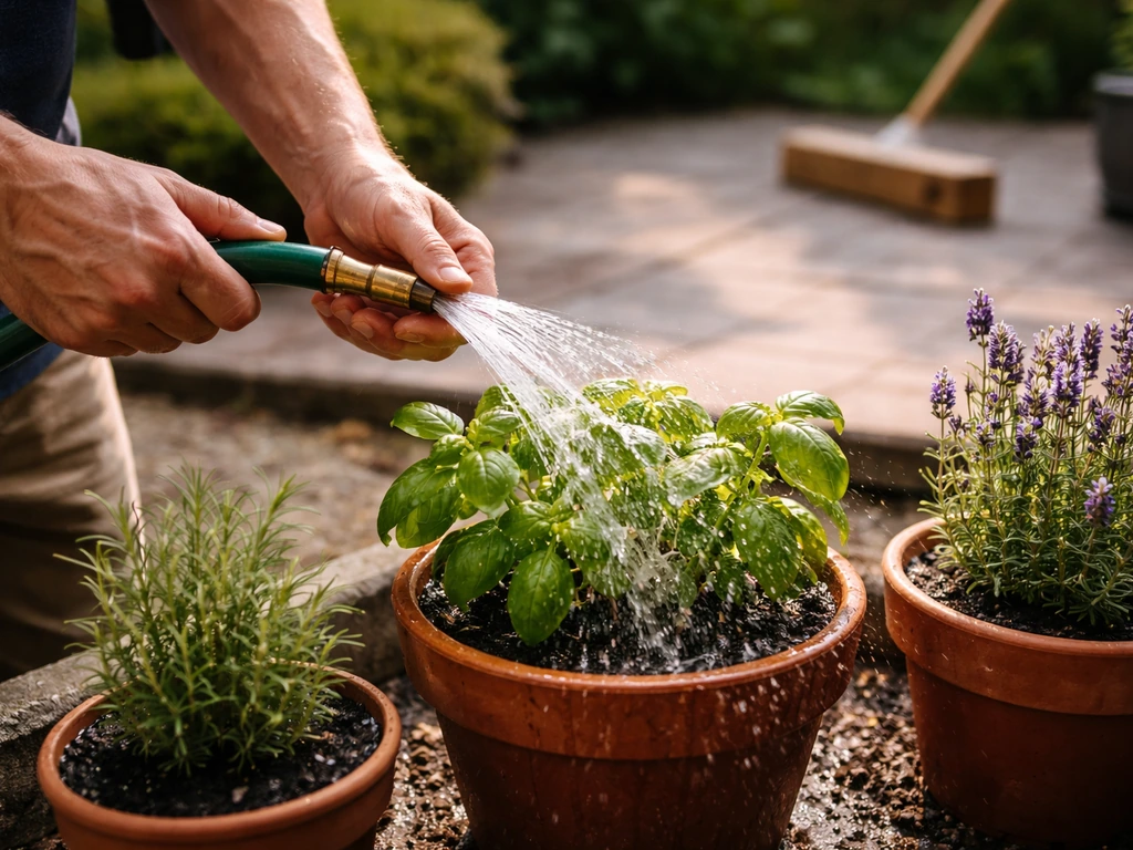 Hands watering nearby patio plants with plain water before using a patio washer