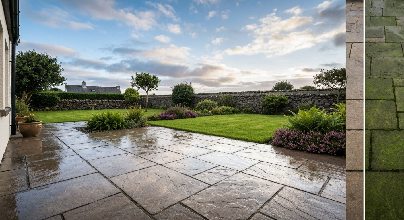 Wide photorealistic view of an Irish patio recently cleaned: wet, clean stone paving with garden border and a small before/after strip showing algae on the uncleaned area.