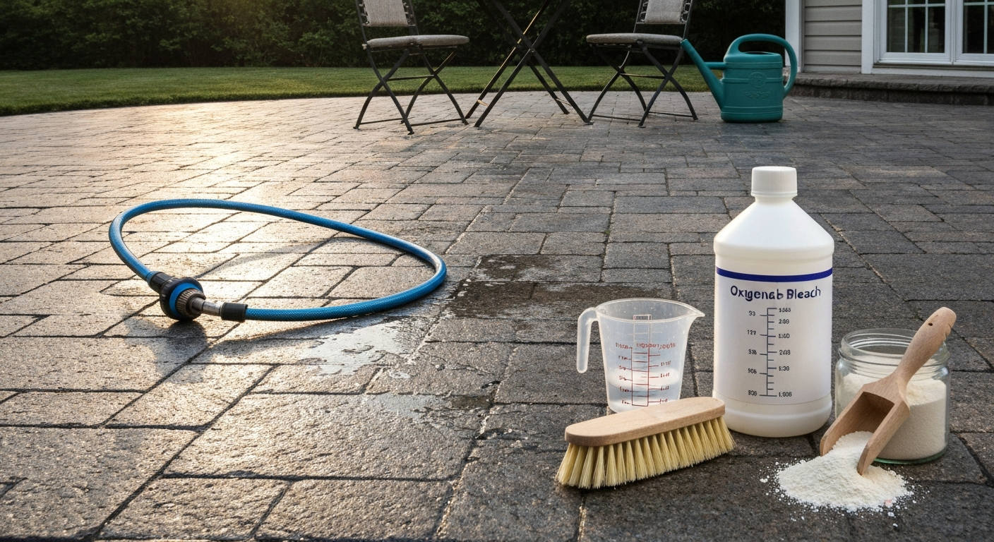 Well-kept granite patio with cleaning tools (hose with spray attachment, brush, watering can, unlabeled cleaner bottle, oxygen-bleach jar) arranged beside the stone surface.