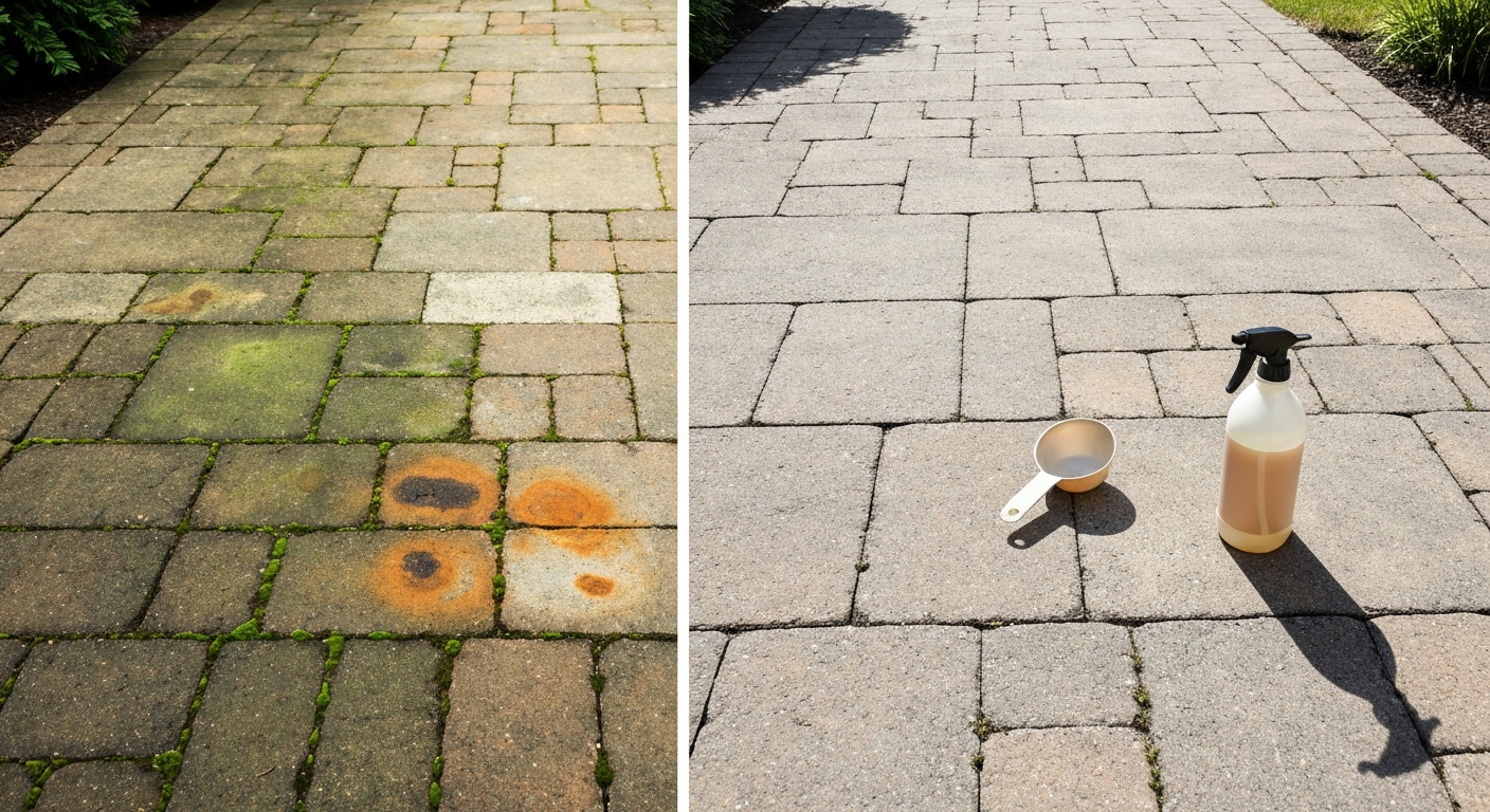 Split-view patio before (moss, rust, oil stains) and after cleaning showing multiple surface types (concrete, brick, natural stone).