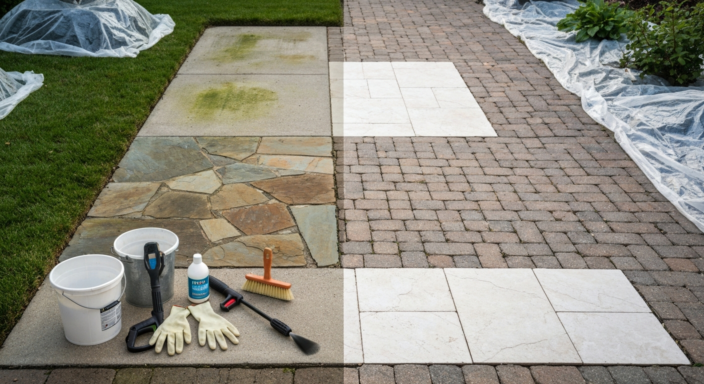 Wide-angle photo of a backyard patio showing a clear before-and-after clean: dirty algae-streaked surfaces on one side and freshly cleaned concrete, stone, brick and porcelain on the other; cleaning tools and plant protection visible at the edge.