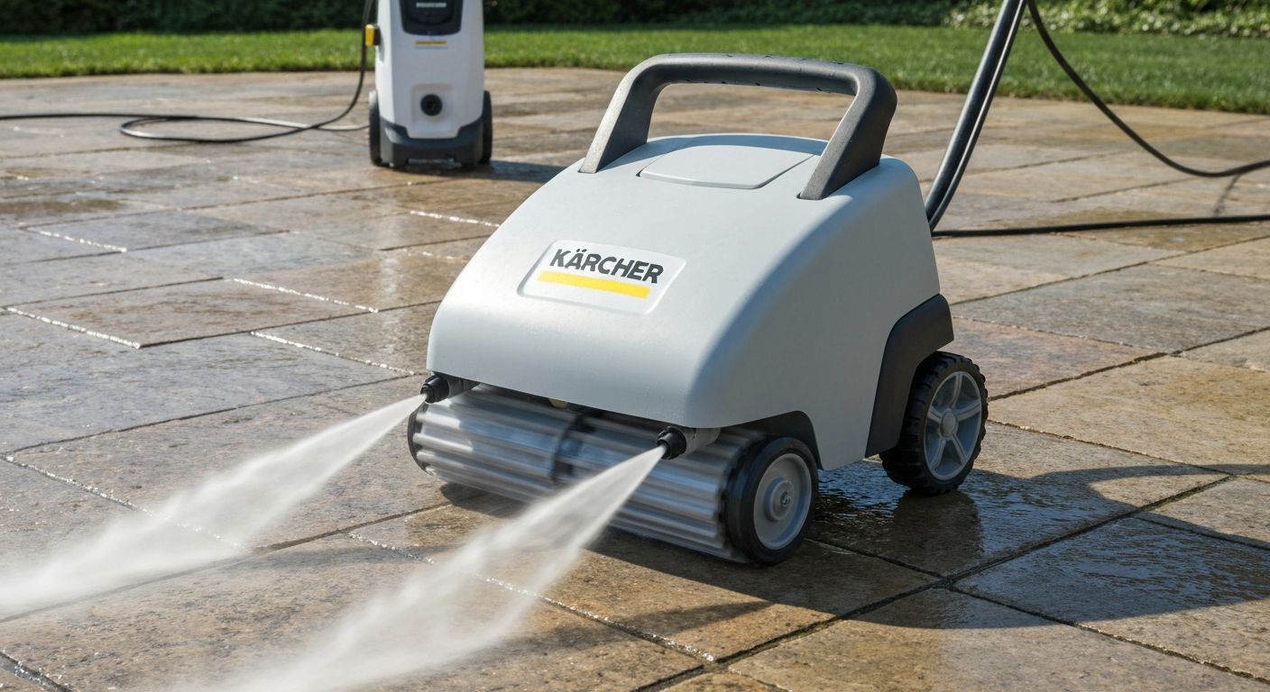 Kärcher T-Racer patio cleaner attached to a pressure washer, cleaning a stone patio; underside rotor and water jets visible with motion blur.