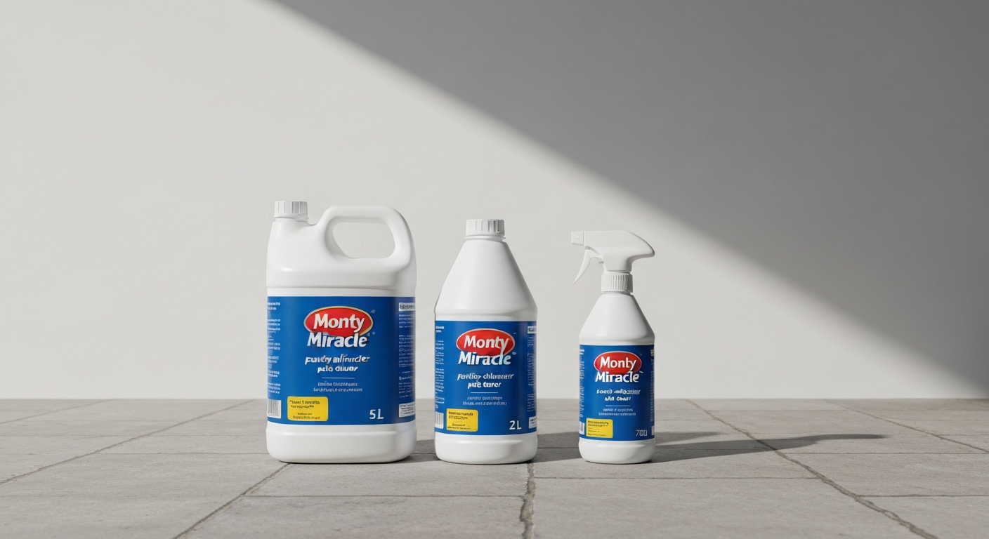 Three Monty Miracle patio cleaner containers (5 L jug, 2 L bottle, 750 ml spray) on a white background, labels visible, studio lighting.