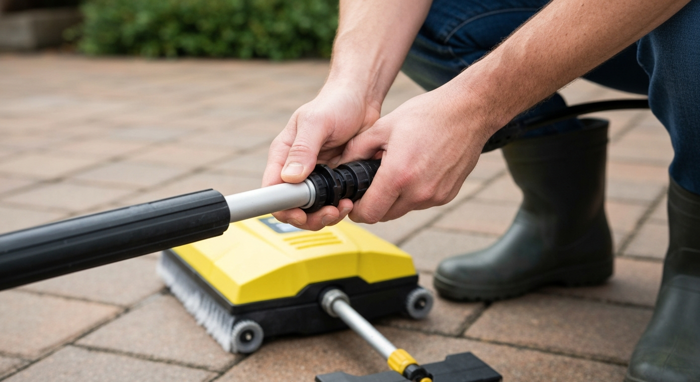 Close-up of hands clicking a Kärcher patio cleaner lance into a pressure-washer trigger gun over patio tiles.