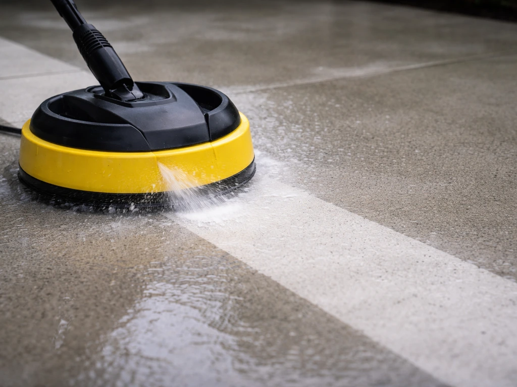 Kärcher patio cleaner jet head actively cleaning a concrete patio, showing a clear cleaned trail.