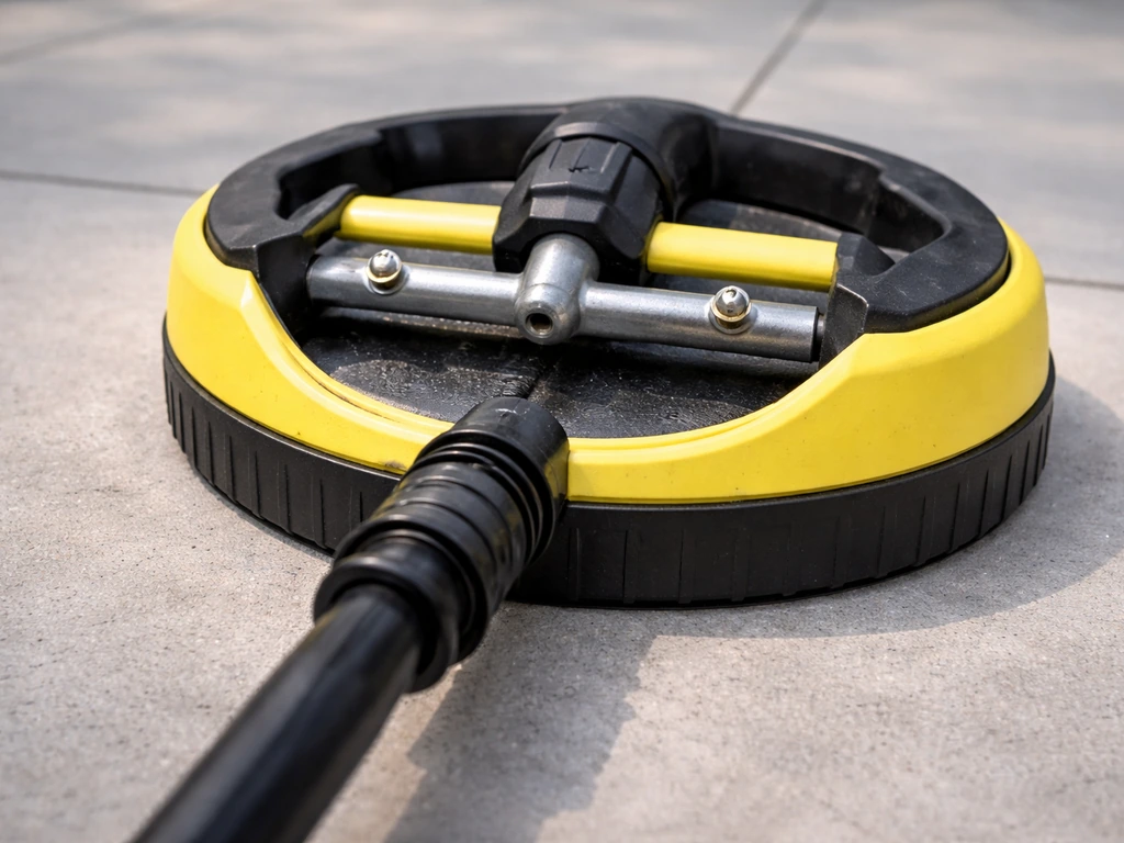 Close-up of a patio cleaner attachment with twin-jet head connected to a pressure washer wand