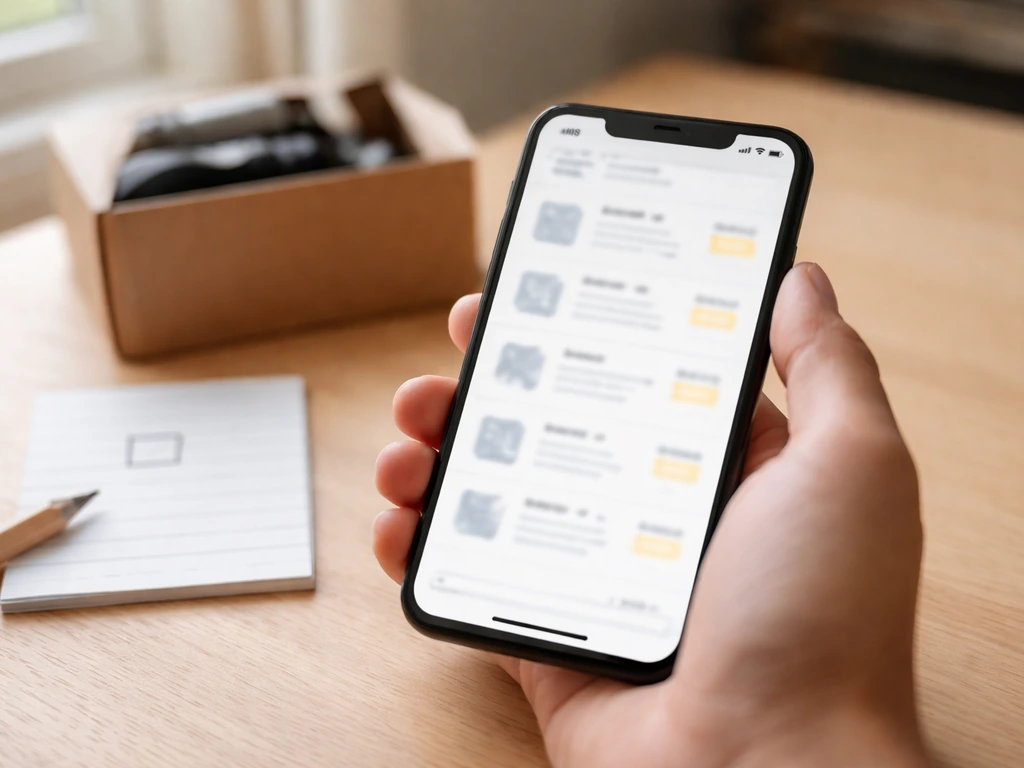 Smartphone on a desk showing blurred retail comparison listings for checking prices.