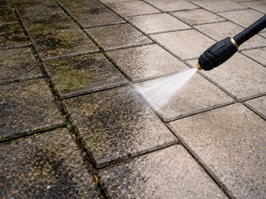 Pressure washer cleaning green algae and black mold between pavers, with an untreated side showing contrast.