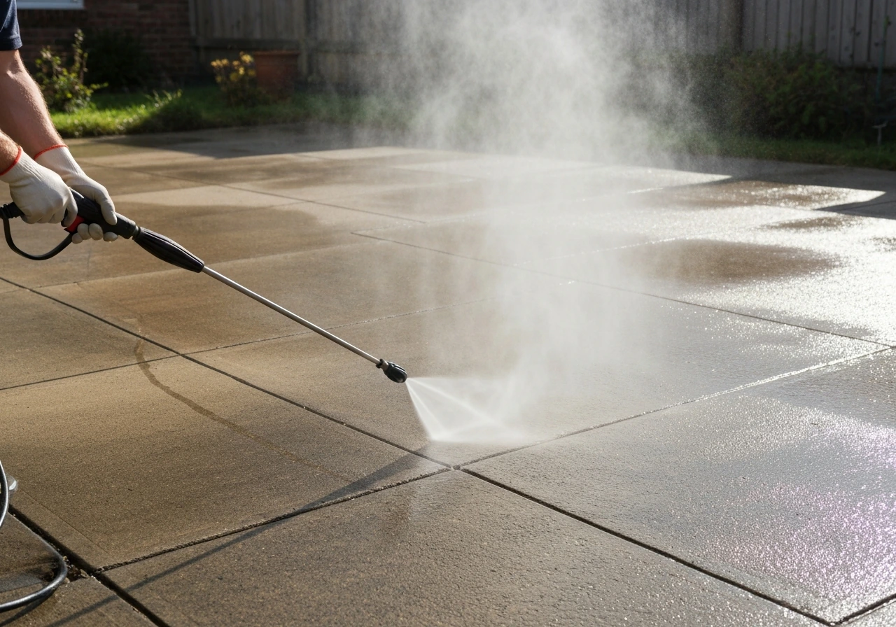 Pressure washer wand spraying a concrete patio at a safe angle with visible mist and wet runoff.