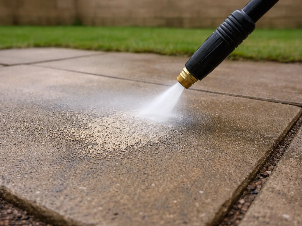Close-up of a pressure washer nozzle blasting a concrete patio, showing rough etched surface texture.
