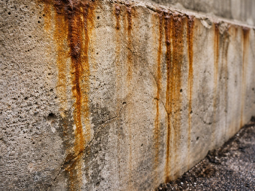 Close-up of rust staining streaks on rough concrete/stone, showing tough residue