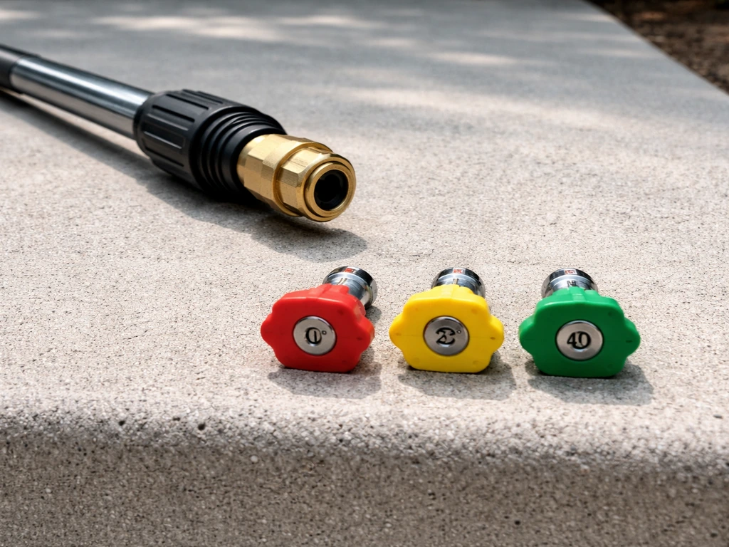 Pressure washer wand beside color-coded nozzle tips (0°, 25°, 40°) on a concrete surface.