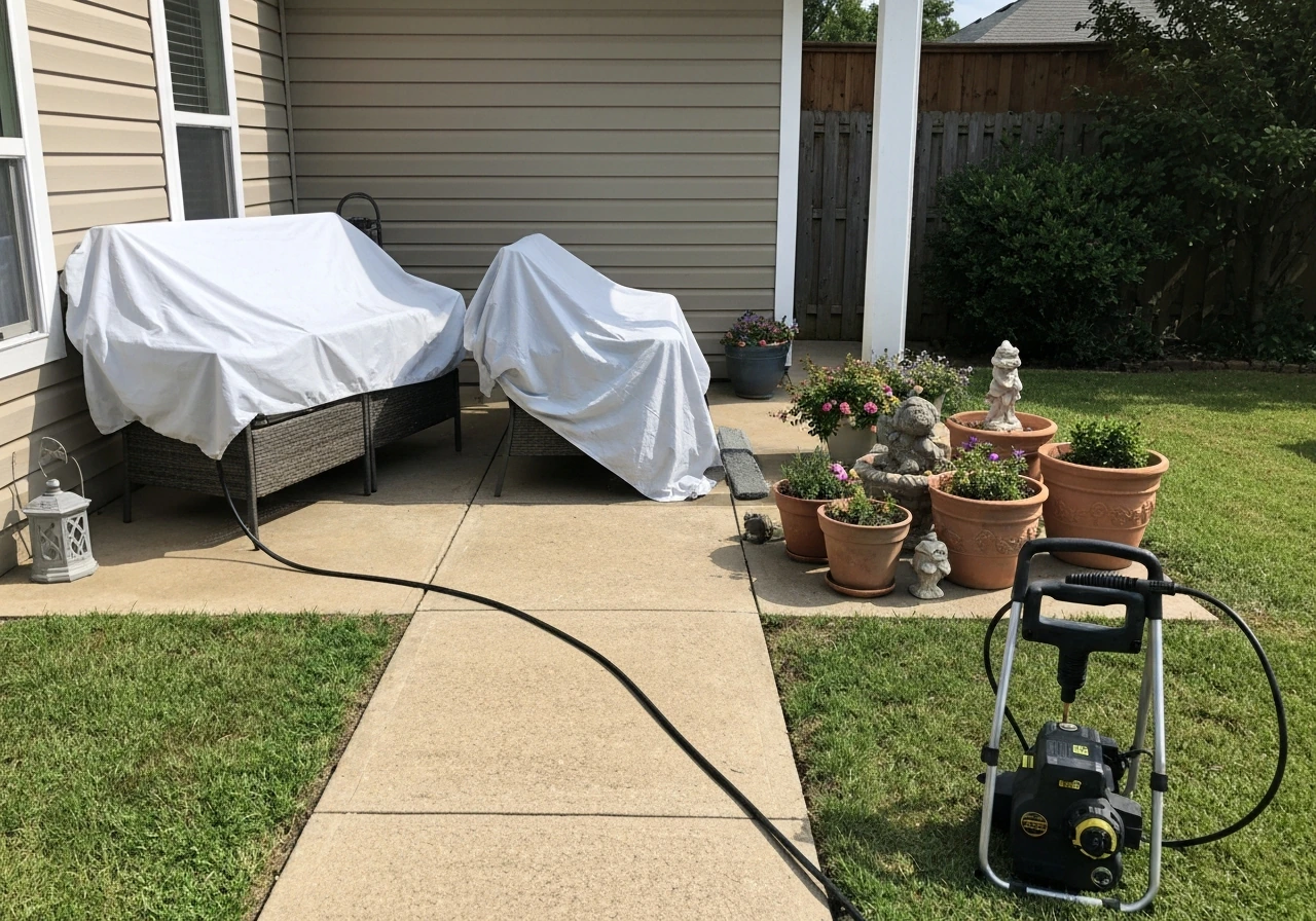 Patio prepped for pressure washing, furniture covered and nearby potted plants moved away.